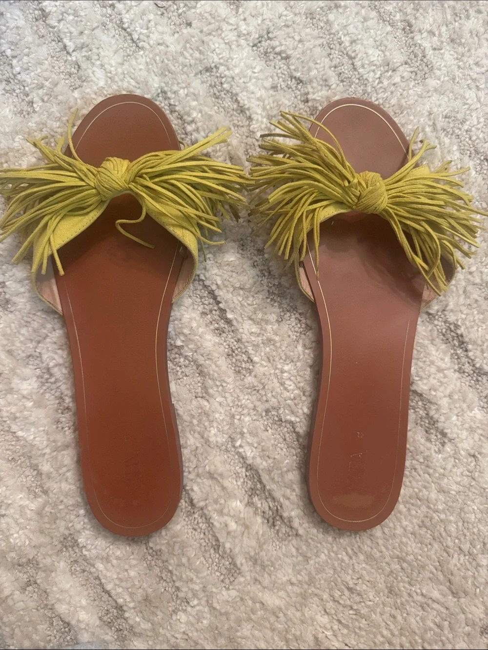 Zara Fringe Knot Slide Sandals in Yellow-Green